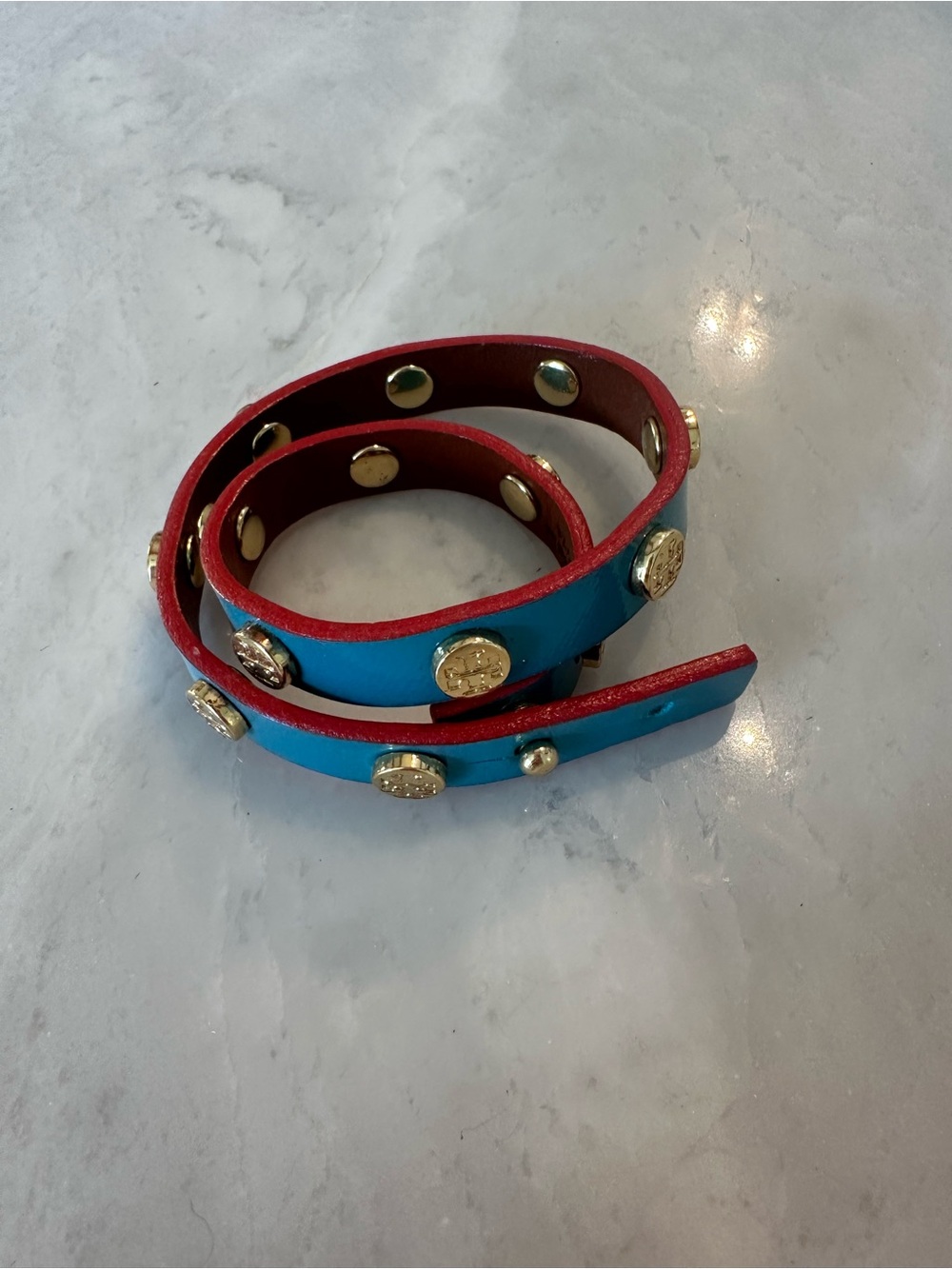 Tory Burch Turquoise Wrap Bracelet with Red Edging & Gold Logo Studs